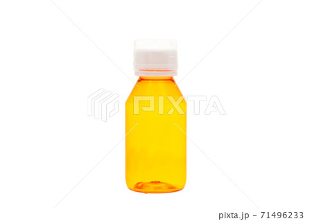 plastic transparent bottle of orange color with a white stopper, empty container for medicines for health treatment unlabel isolated on a white background. 71496233