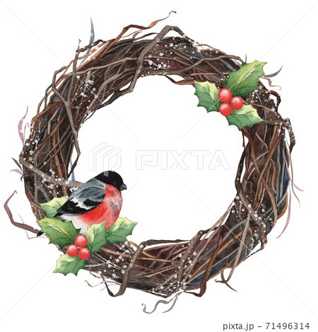Christmas wreath of branches with bullfinch and mistletoe. Watercolor illustration. Isolated on white 71496314
