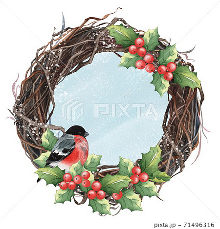 Christmas wreath of branches with bullfinch and mistletoe. Watercolor illustration. Isolated on white 71496316