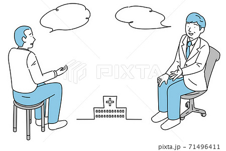 病院の診察室で男性医師と患者の男性が話をしているところ 病院の診察室で男性医師と患者の男性が話をしているところ 71496411