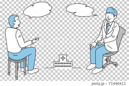 病院の診察室で男性医師と患者の男性が話をしているところ 病院の診察室で男性医師と患者の男性が話をしているところ 71496411