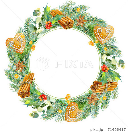 Watercolor christmas frame. Watercolor Christmas wreath with fir branches and place for text. Watercolor christmas frame. Watercolor Christmas wreath with fir branches and place for text. 71496417