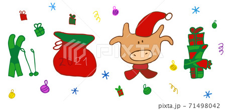 2021 New Year funny ox cartoon, Santa sack and presents on transparent 71498042