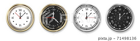 Old clocks. Realistic vintage chronometers with time faces, antique dials, roman numbers and decorative arrows. Black and white isolated watches in gold or silver cases, vector set Old clocks. Realistic vintage chronometers with time faces, antique dials, roman numbers and decorative arrows. Black and white isolated watches in gold or silver cases, vector set 71498136