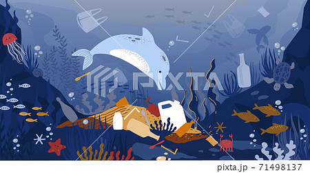 Sea garbage. Marine animals floating in dirty water with waste and plastic rubbish. Environmental problems, pollution of ecosystems, destruction of habitats. Vector ocean illustration 71498137