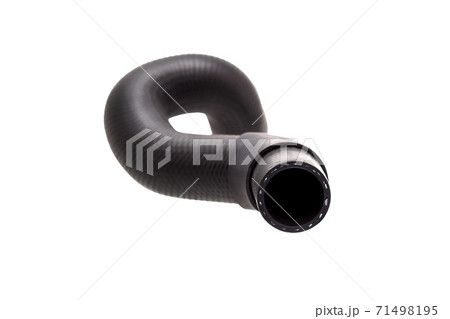 radiator pipe made of black hard rubber new car spare part isolated on white background end view in the middle of the pipe. 71498195