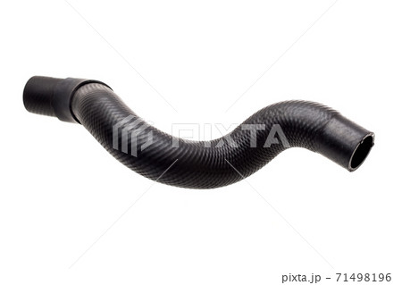 the radiator pipe made of black hard rubber new car spare part isolated on white background. the radiator pipe made of black hard rubber new car spare part isolated on white background. 71498196