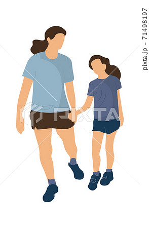 Family walking. Mother and daughter holding hands. Woman and girl go to park. People in summer sportswear. Recreation and leisure activity or outdoor workout, vector isolated illustration 71498197