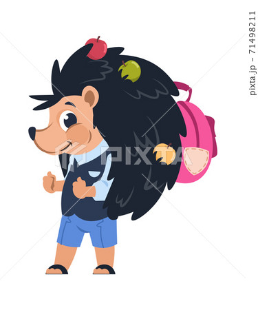 Cartoon hedgehog. School animal with apples pricked on needles. Cute forest citizens in uniform with backpack for studying. Childhood emblem template. Vector character illustration 71498211