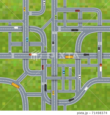 Different road junctions on grass background with cars, top view seamless pattern 71498374