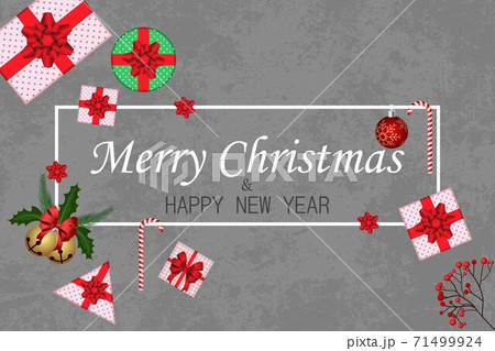 Christmas card with festive elements, decorations, gifts, candies. 71499924