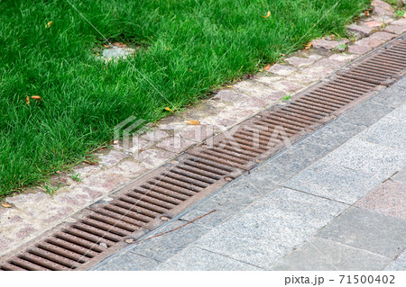 rust drainage grate of a storm system on a pedestrian sidewalk made of stone tiles in a park near a green grass. 71500402