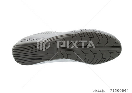 printed sole shoe with a tread pattern for a comfortable and active walking bottom view, label footwear isolated on a white background. 71500644