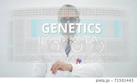 Screen with GENETICS text in front of a scientist Screen with GENETICS text in front of a scientist 71501443