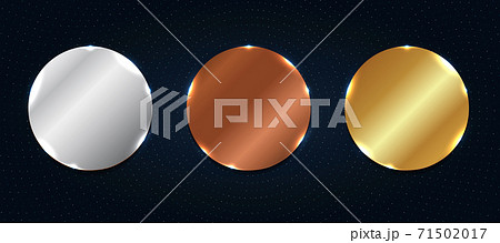 Set of abstract copper, silver, gold shiny metallic circle label or badges with particles elements on dark blue background 71502017