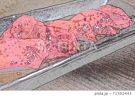 ある日の夕食「焼き肉 : 牛レバー」色鉛筆画風 ある日の夕食「焼き肉 : 牛レバー」色鉛筆画風 71502443