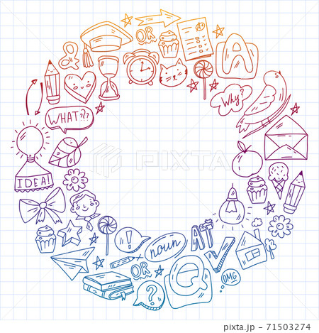 Back to school. Vector illustration with icons about education. English learning. Online internet courses. 71503274