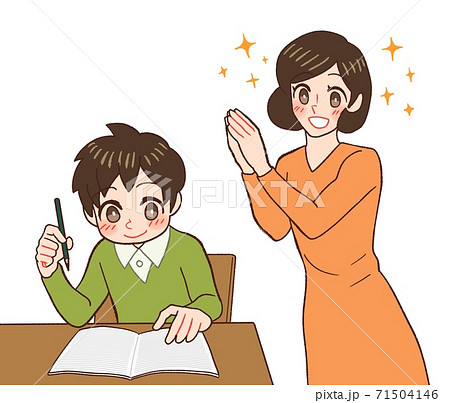 宿題をする子供を見て喜ぶお母さんのイラスト素材