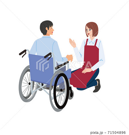 車椅子の男性と店員の女性のイラスト 71504896