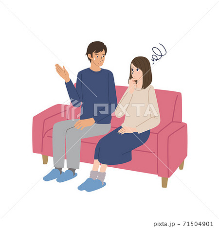 ソファに座って話すカップル 困っている表情イラストのイラスト素材