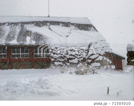屋根に積もった雪が落雪する瞬間 71505010