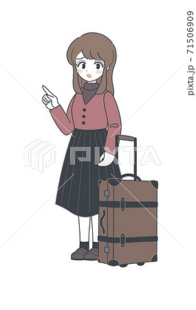 旅行用のレトロなトランクと困り顔のおねえさん 指差し ベクターのイラスト素材