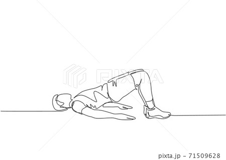 Single continuous line drawing young happy man exercising doing hip raise stretching movement in sport center gym club. Sport training fitness concept. Trendy one line draw design vector illustration Single continuous line drawing young happy man exercising doing hip raise stretching movement in sport center gym club. Sport training fitness concept. Trendy one line draw design vector illustration 71509628
