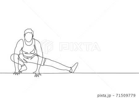 One continuous line drawing of young sporty man working out stretching his leg in fitness gym club center. Healthy fitness sport concept. Dynamic single line draw design vector illustration graphic 71509779