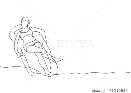 Single continuous line drawing of young happy woman tanning and relaxing at air mattress in swimming pool center. Summer holidays and vacation concept. Trendy one line draw design vector illustration Single continuous line drawing of young happy woman tanning and relaxing at air mattress in swimming pool center. Summer holidays and vacation concept. Trendy one line draw design vector illustration 71510682