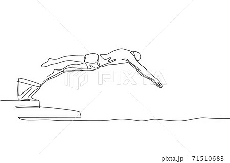 One single line drawing of young sporty fit swimmer jump to practice swimming in indoor pool sport center vector illustration. Healthy lifestyle and sport concept. Modern continuous line draw design 71510683
