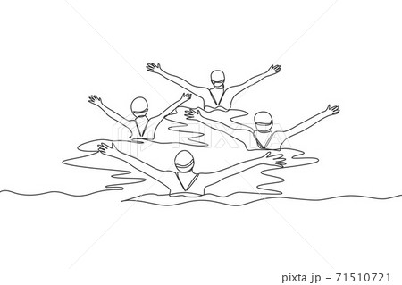 One single line drawing of young beauty women swimmer performing synchronized routine of elaborate moves in the water vector illustration. Team water sport event concept. Modern continuous line draw One single line drawing of young beauty women swimmer performing synchronized routine of elaborate moves in the water vector illustration. Team water sport event concept. Modern continuous line draw 71510721