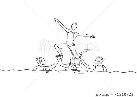 One single line drawing of young beauty women swimmer performing synchronized routine of elaborate moves in the water vector illustration. Team water sport event concept. Modern continuous line draw One single line drawing of young beauty women swimmer performing synchronized routine of elaborate moves in the water vector illustration. Team water sport event concept. Modern continuous line draw 71510723
