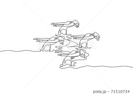 One single line drawing of young beauty women swimmer performing synchronized routine of elaborate moves in the water vector illustration. Team water sport event concept. Modern continuous line draw 71510734