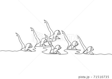Single continuous line drawing young sportive women perform beautiful synchronized swimming choreography. Group water sport competition concept. Trendy one line draw design graphic vector illustration 71510735