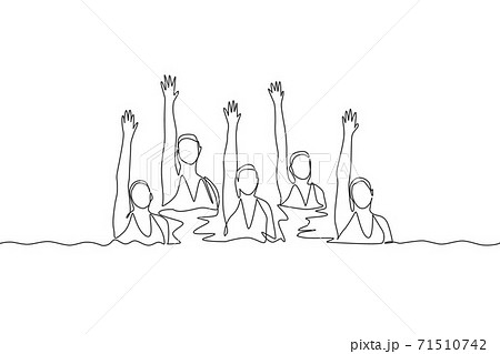 Single continuous line drawing young sportive women perform beautiful synchronized swimming choreography. Group water sport competition concept. Trendy one line draw design vector graphic illustration 71510742
