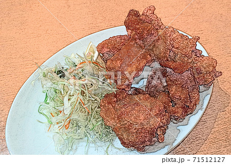 熱々で庶民的な料理 鶏肉の唐揚げ 色鉛筆画風のイラスト素材