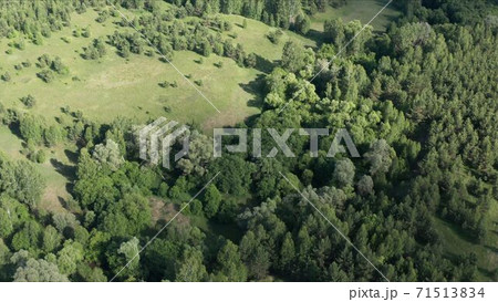 Fields, overgrown with forest, aerial view. Hall in the evening at autumn time Fields, overgrown with forest, aerial view. Hall in the evening at autumn time 71513834