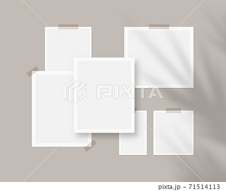 Mood board mockup template. Empty sheets of white paper on the wall with shadow overlay. Mockup vector isolated. Template design. Realistic vector illustration. 71514113