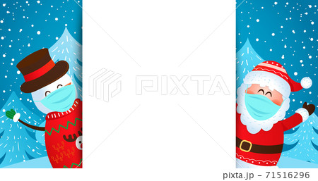 Greeting card with Santa and snowman in masks. 71516296