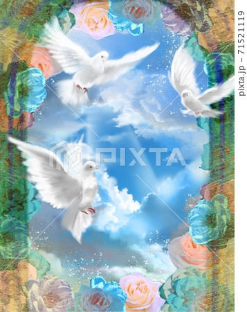 薔薇のアーチと平和の象徴の白い鳩が青空を仲良く飛んでいる背景画のイラスト素材