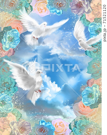 薔薇のアーチと平和の象徴の白い鳩が青空を仲良く飛んでいる背景画のイラスト素材