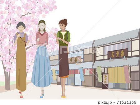 観光地を散策する女性たちのイラスト素材
