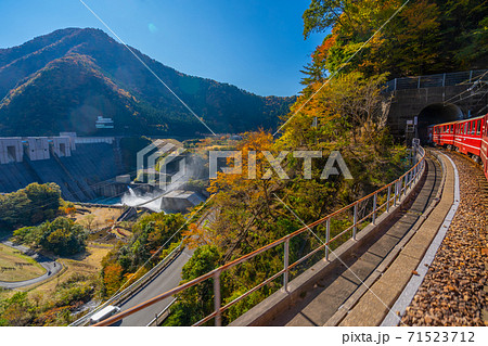 大井川鉄道 井川線 長島ダム 車窓からの紅葉の写真素材