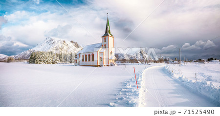 Splendid snowy winter scene of  Valberg church on Lofoten Islands. 71525490