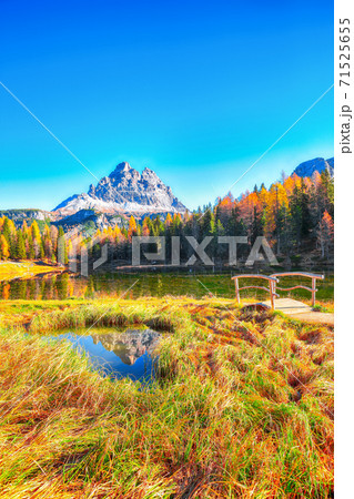 Astonishing view of popular travel destination mountain lake Antorno in autumn Astonishing view of popular travel destination mountain lake Antorno in autumn 71525655