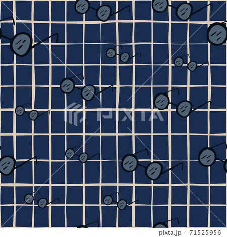 Accessory seamless pattern with random eyeglasses ornament. NAvy blue chequered background. 71525956