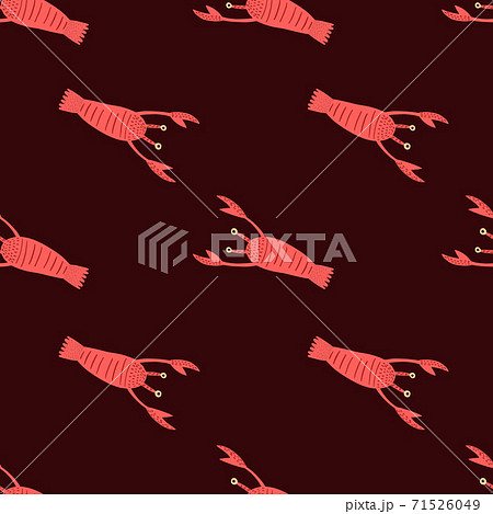 Contrast red lobster seamless pattern. Doodle aquatic animal print with dark brown background. Simple backdrop. Contrast red lobster seamless pattern. Doodle aquatic animal print with dark brown background. Simple backdrop. 71526049