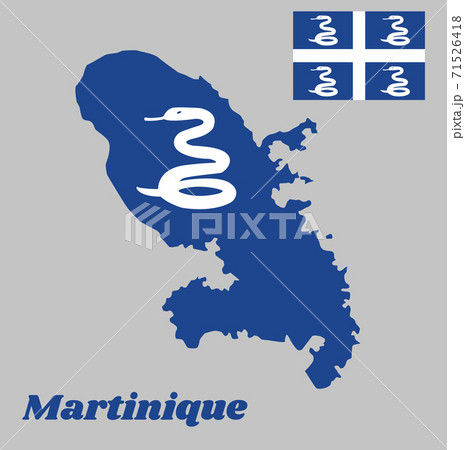 Map outline and flag of Martinique, Four white snake on blue field and white cross in the center 71526418