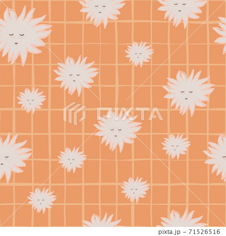 Random seamless doodle pattern with happy light grey sun faces. Orange pastel chequered background. 71526516