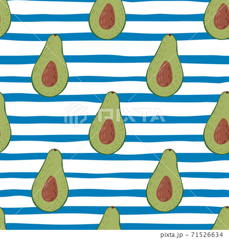 Bright seamless food pattern with avocados elements. Green colored fruits on stripped background with white and blue lines. 71526634